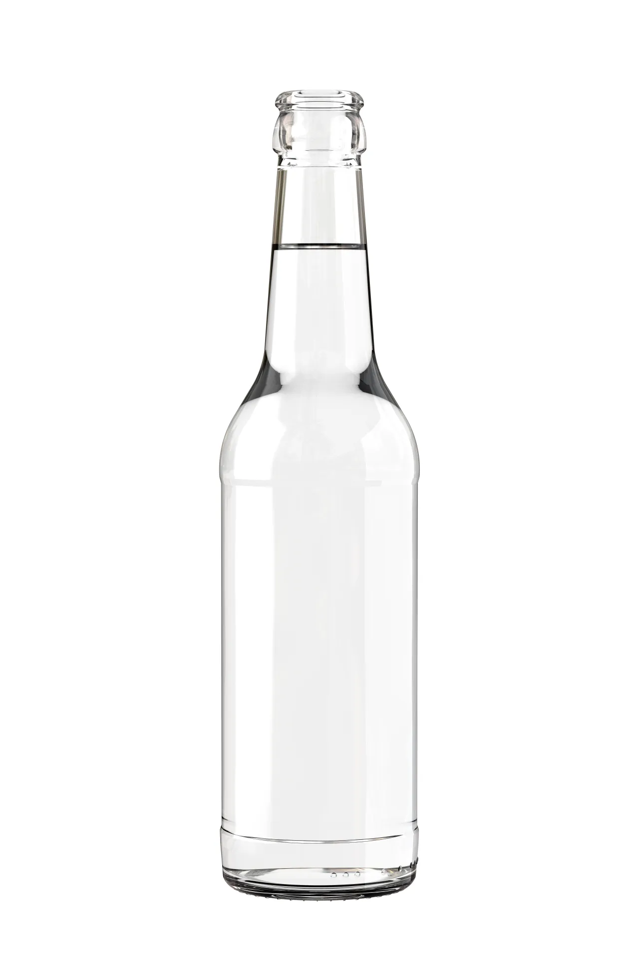 Schlanke Glasflasche mit Tonic, freigestellt vor weißem Hintergrund.