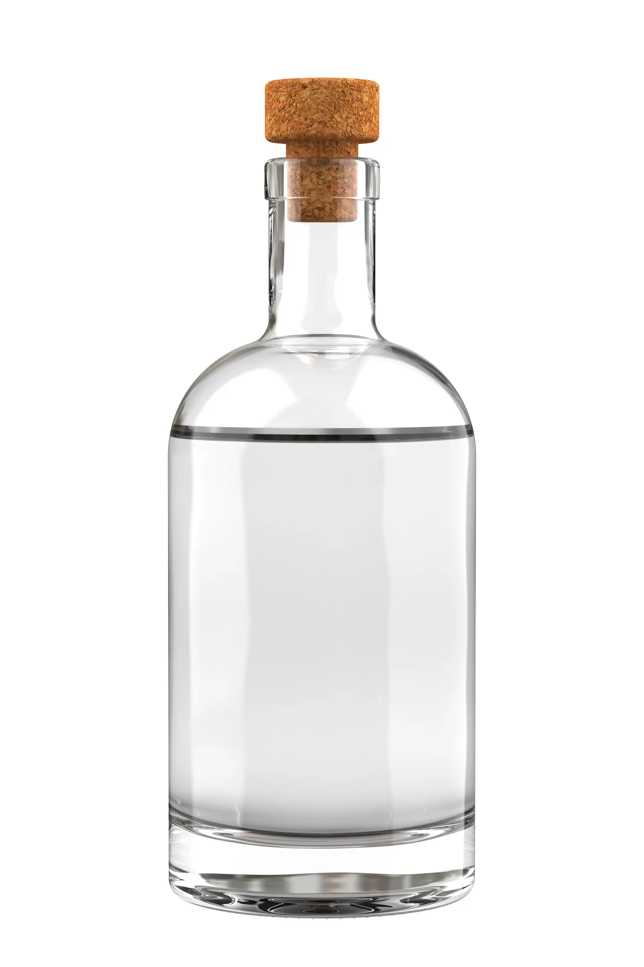Transparente Flasche mit Gin und Korkverschluss, freigestellt vor weißem Hintergrund.